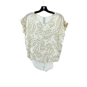 Palladium 100% Linen Sleeveless Beige Gold Metallic Floral Shirt Top Size XS